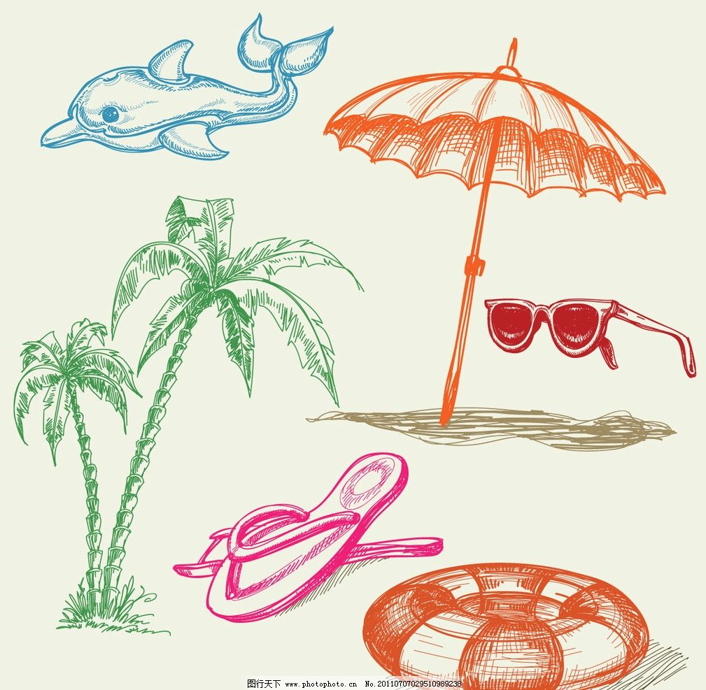 海洋生物图片,棕榈树 太阳伞 救生圈 眼镜 海豚