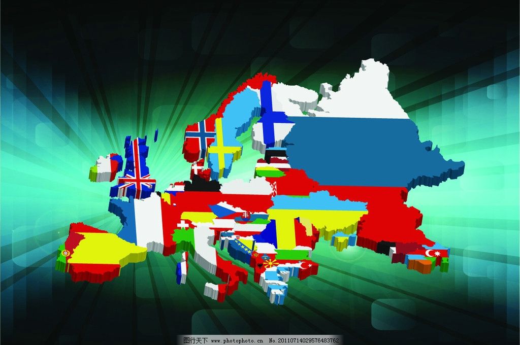 欧洲版块国家国旗图片,欧洲国家 立体欧洲 放射