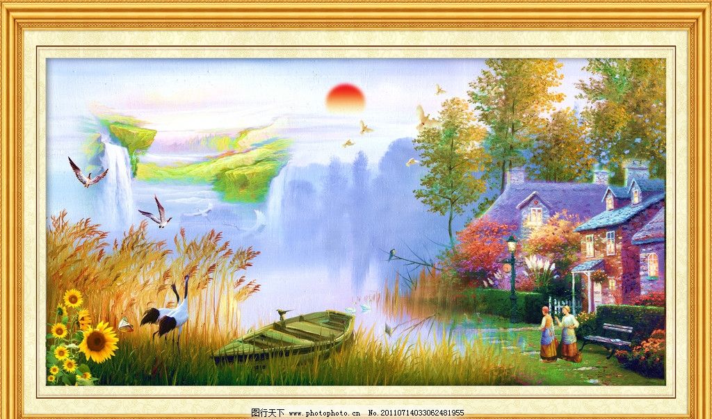油画风景 中堂画 油画 壁画 风景壁画 风景山水壁画 山水画 瀑布 山水风景 瀑布风景 山水 风景画 自然风景 风景 客厅画 大厅画 风水画 家居装饰画 室内装饰画 室内装饰 休闲场所装饰 画框 相框 镜框 边框 山水挂画 山水壁挂 大树 天鹅 小屋 小船 飞鸟 太阳 蓝天 白云 仙鹤 中堂壁画 PSD分层素材 源文件 100DPI PSD