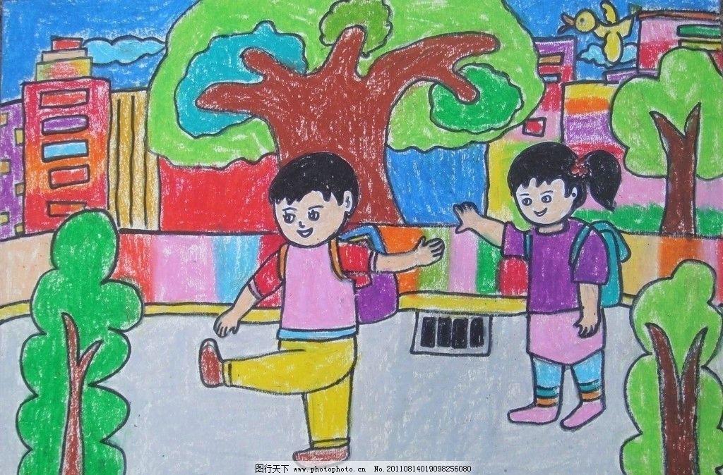 我上学啦 树 高楼 小鸟 背书包的小学生 绘画书法 文化艺术 设计 72