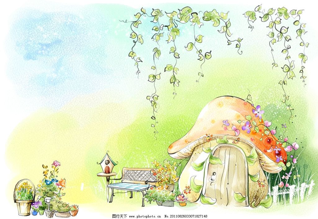水彩画蘑菇小房子图片_皮皮网 水彩画蘑菇小房子 水彩画 卡通插画 艺术绘画 春季风景 唯美话题树叶 蘑菇房子 PSD分层素材 源文件 300DPI PSD