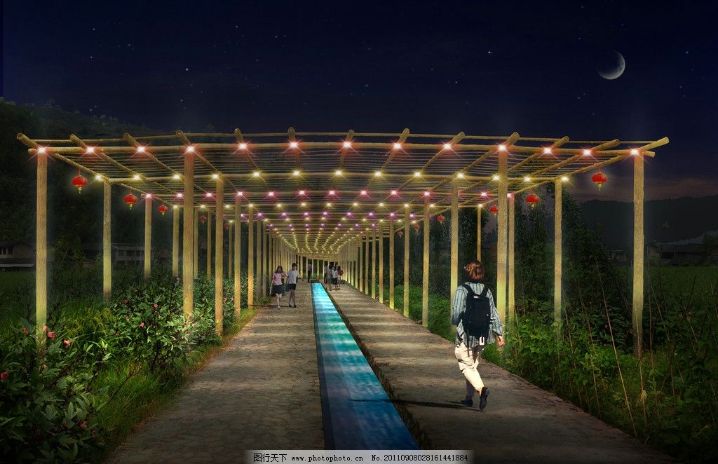 夜景效果图 3D效果图 走道 行人 夜景 月亮 星星 灯 花草 山 树 灯笼 灯光 景观效果图 景观设计 室外模型 背背包的人 夜晚 老外 木头走廊 PSD源文件 PSD 环境设计 源文件 300DPI
