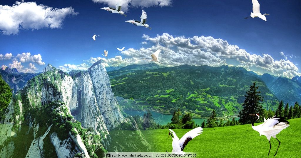 自然风景 瀑布 山水 山峰 河流 飞鸟 竹子 草坪 花草 源文件