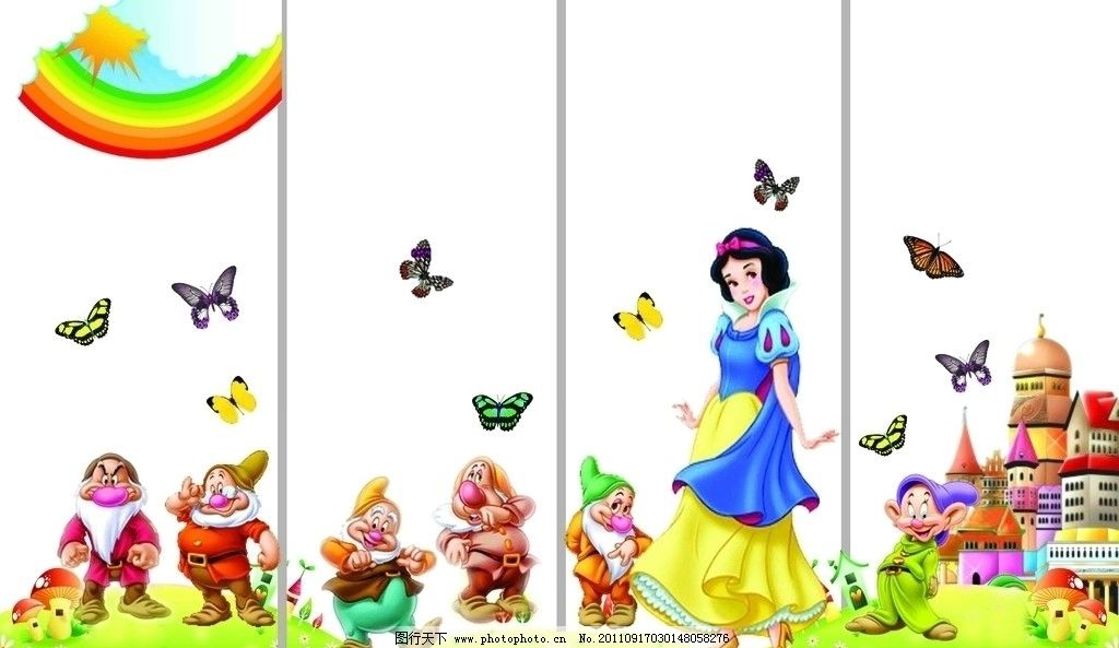 白雪公主与七个小矮人 幼儿园 城堡 彩虹 蝴蝶 广告设计模板 源文件